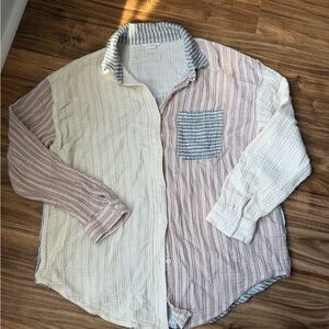 Aeropostale Striped Button Down Shirt - Yellow, Tan, Gray